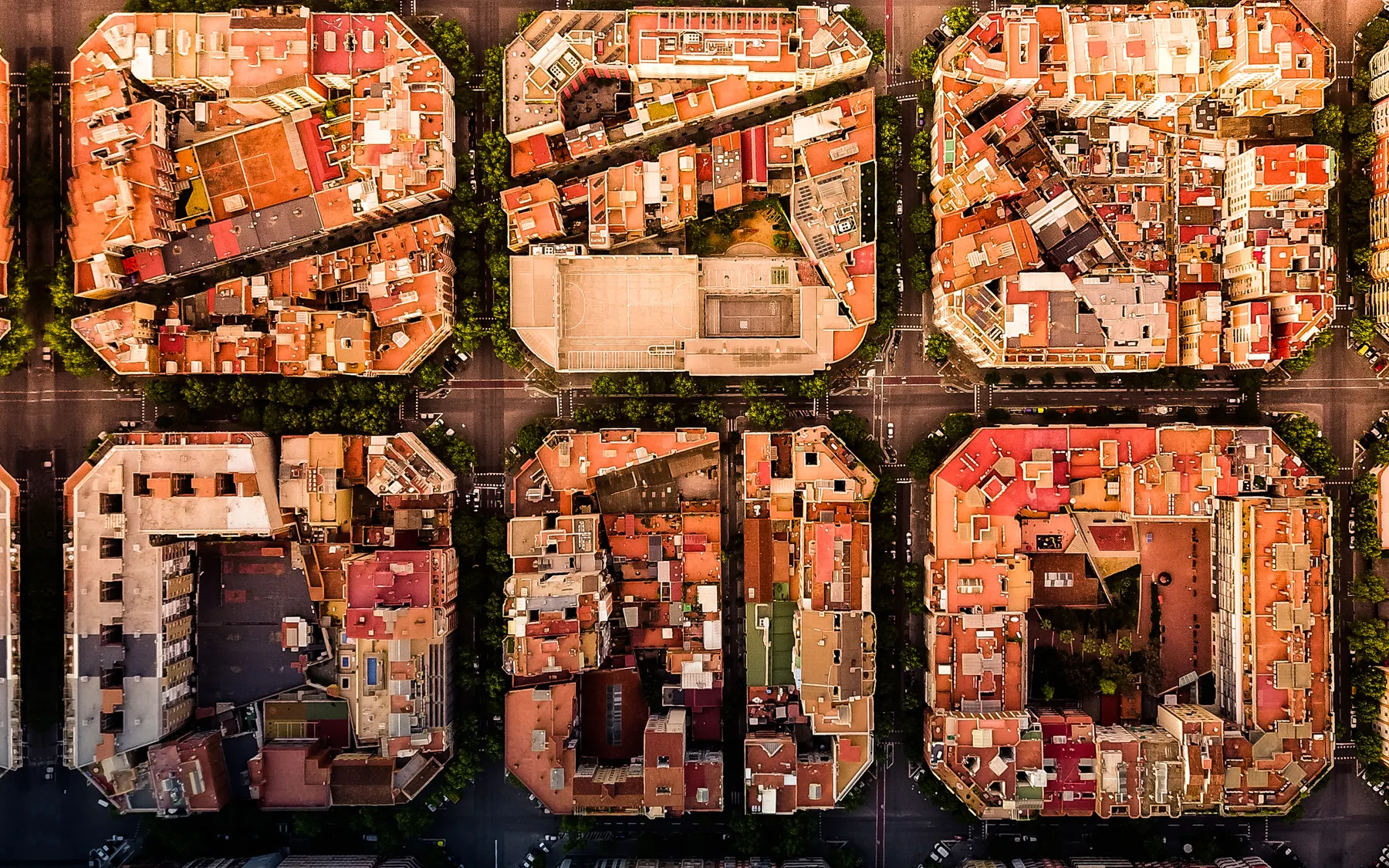 Aerial view of the Eixample district’s geometric city blocks in Barcelona